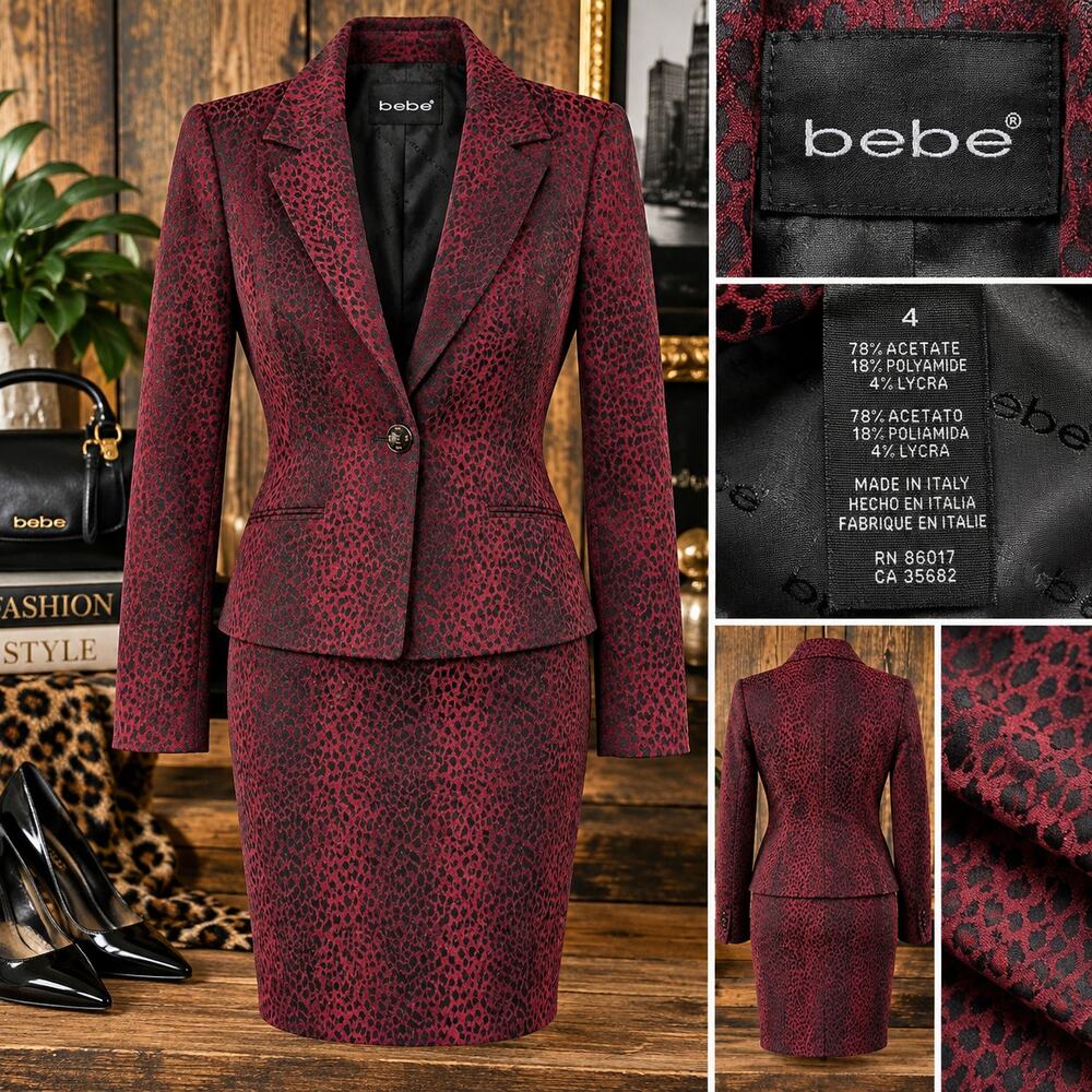 bebe Y2K Skirt Suit Womens 4 Red Black Leopard Animal Print Blazer Made Italy